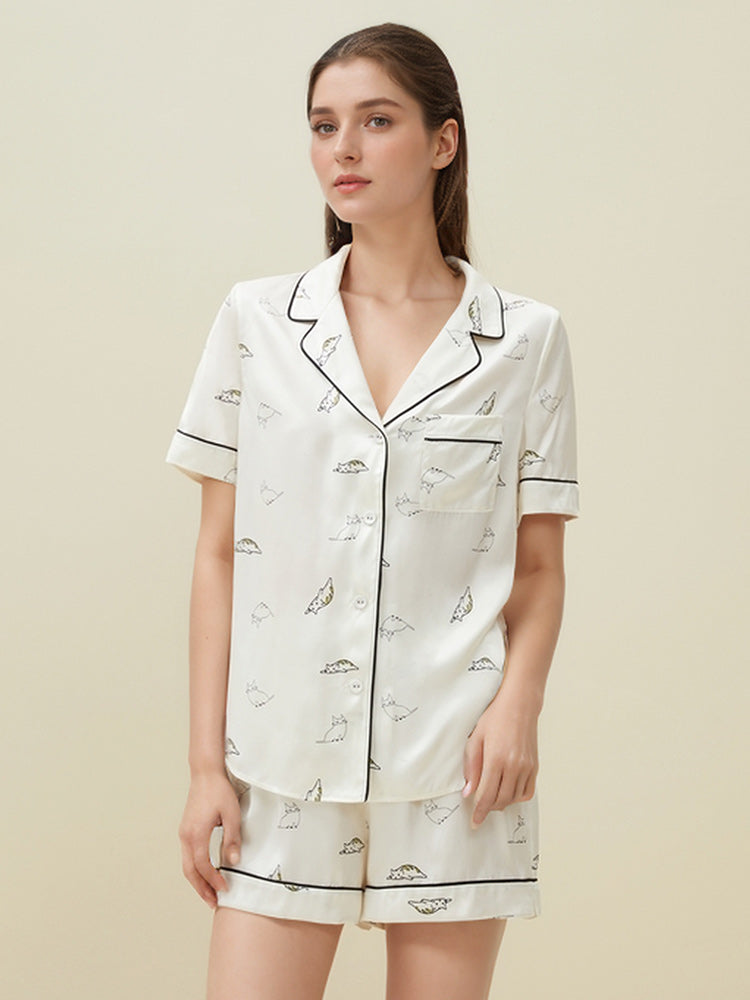 Fun Print and Contrast Silk Short Pajama Set