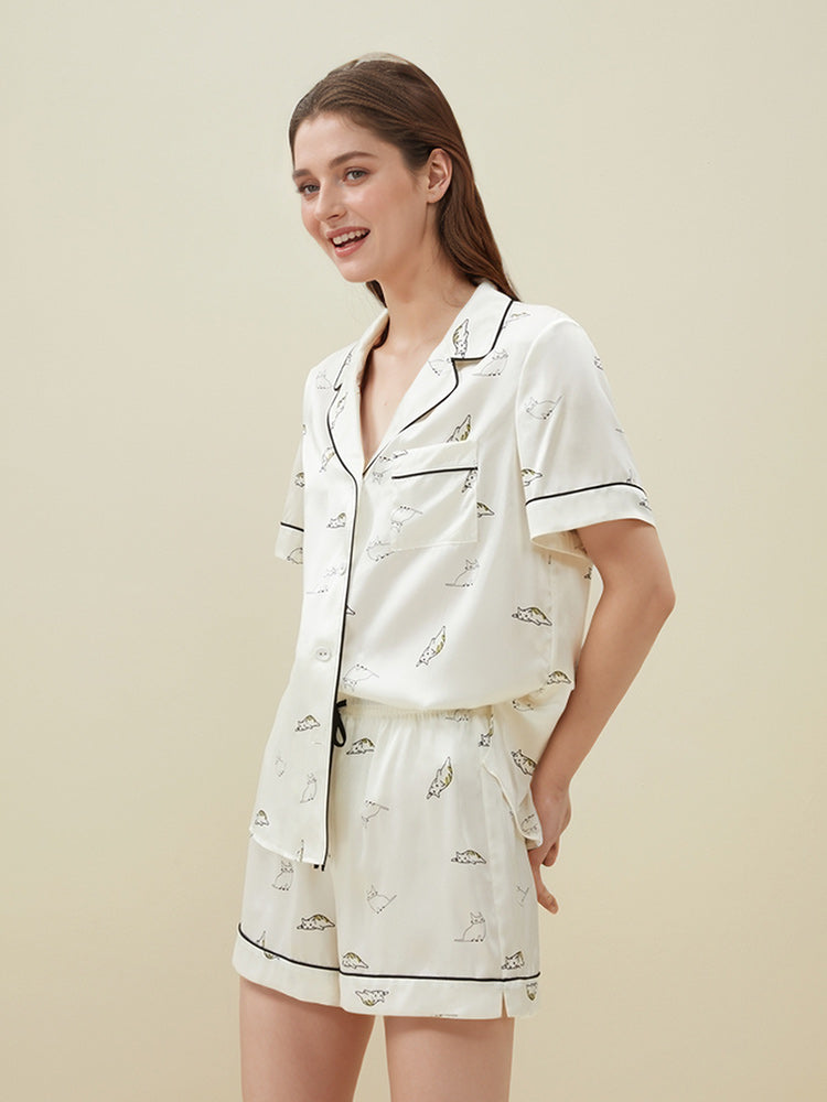 Fun Print and Contrast Silk Short Pajama Set