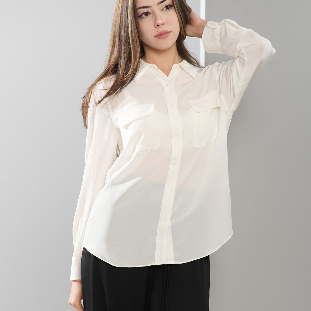 Long Sleeve Collared Silk Blouse