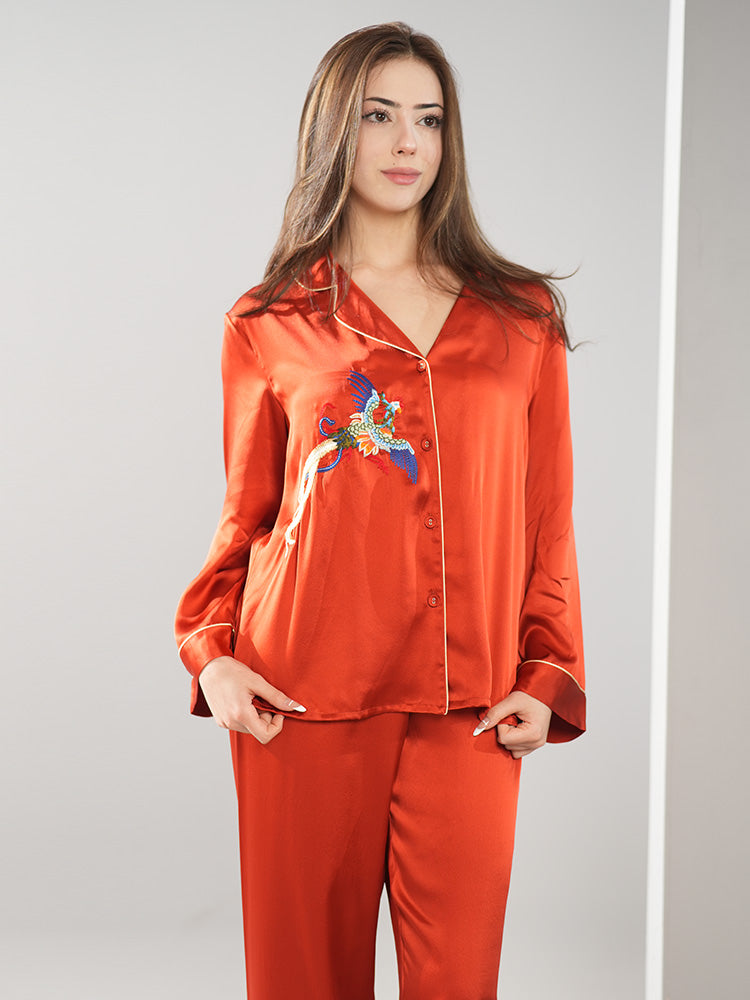 Phoenix Embroidery Silk Pajamas Set