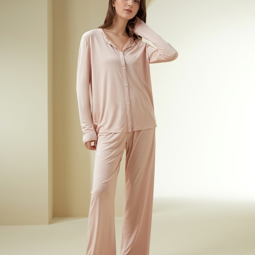 Silk Round Collar Long Sleeve Pajamas Set