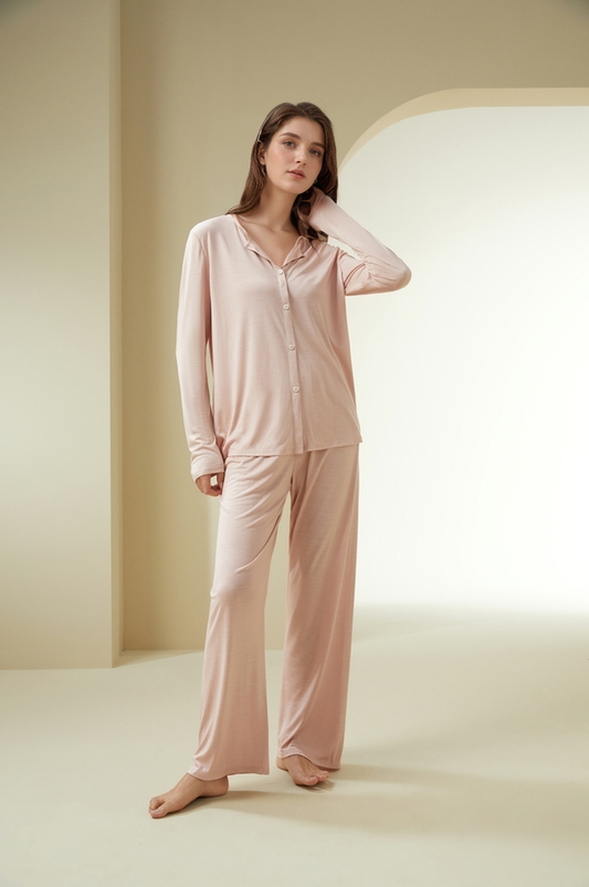 Silk Round Collar Long Sleeve Pajamas Set