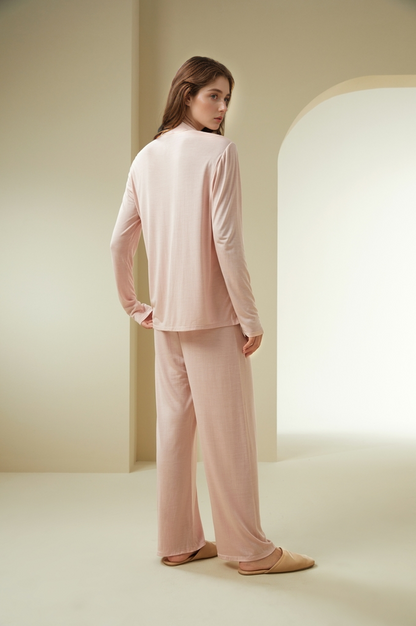 Silk Round Collar Long Sleeve Pajamas Set