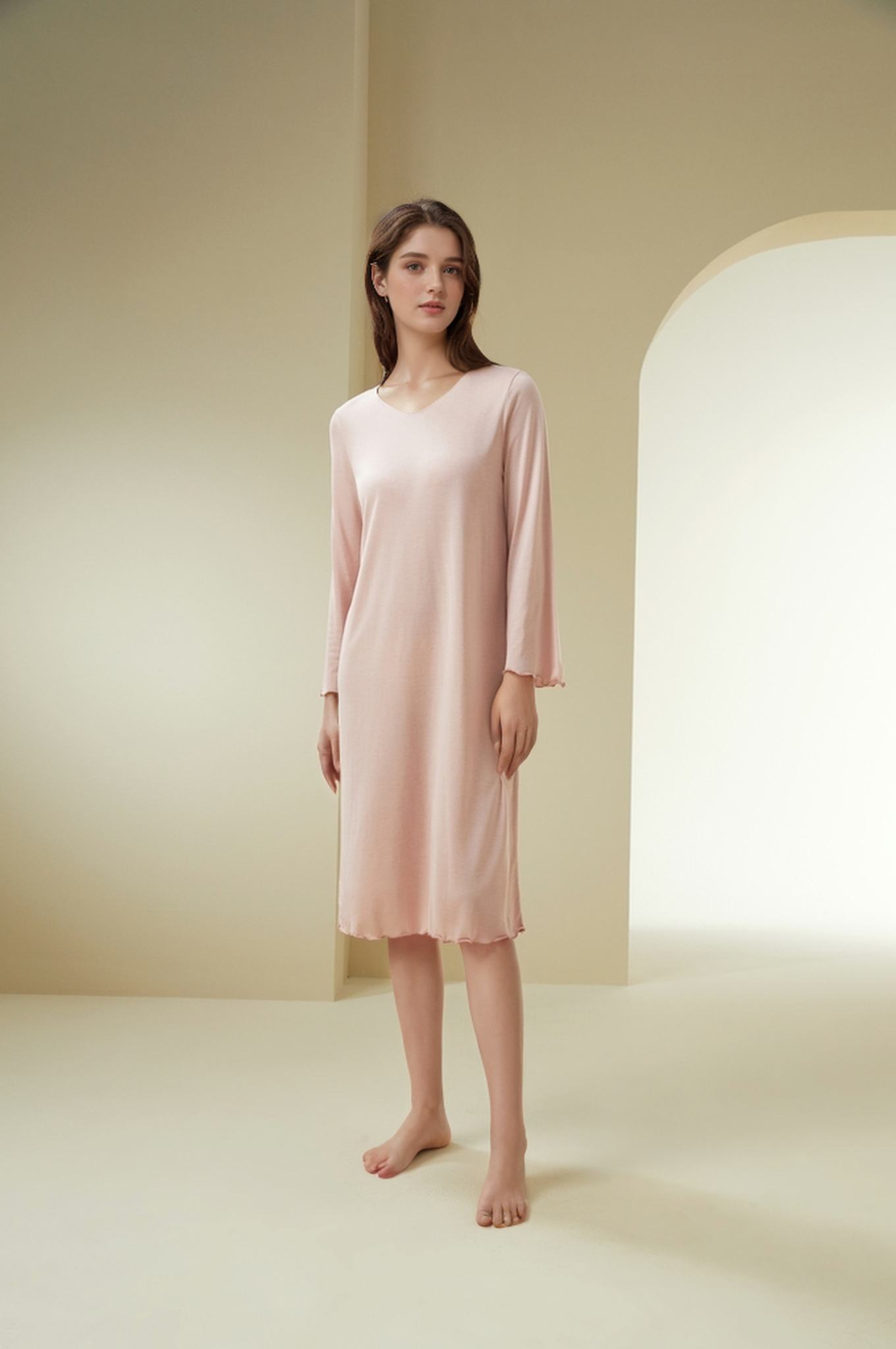 Silk Ruffle Long Sleeve Night Dress