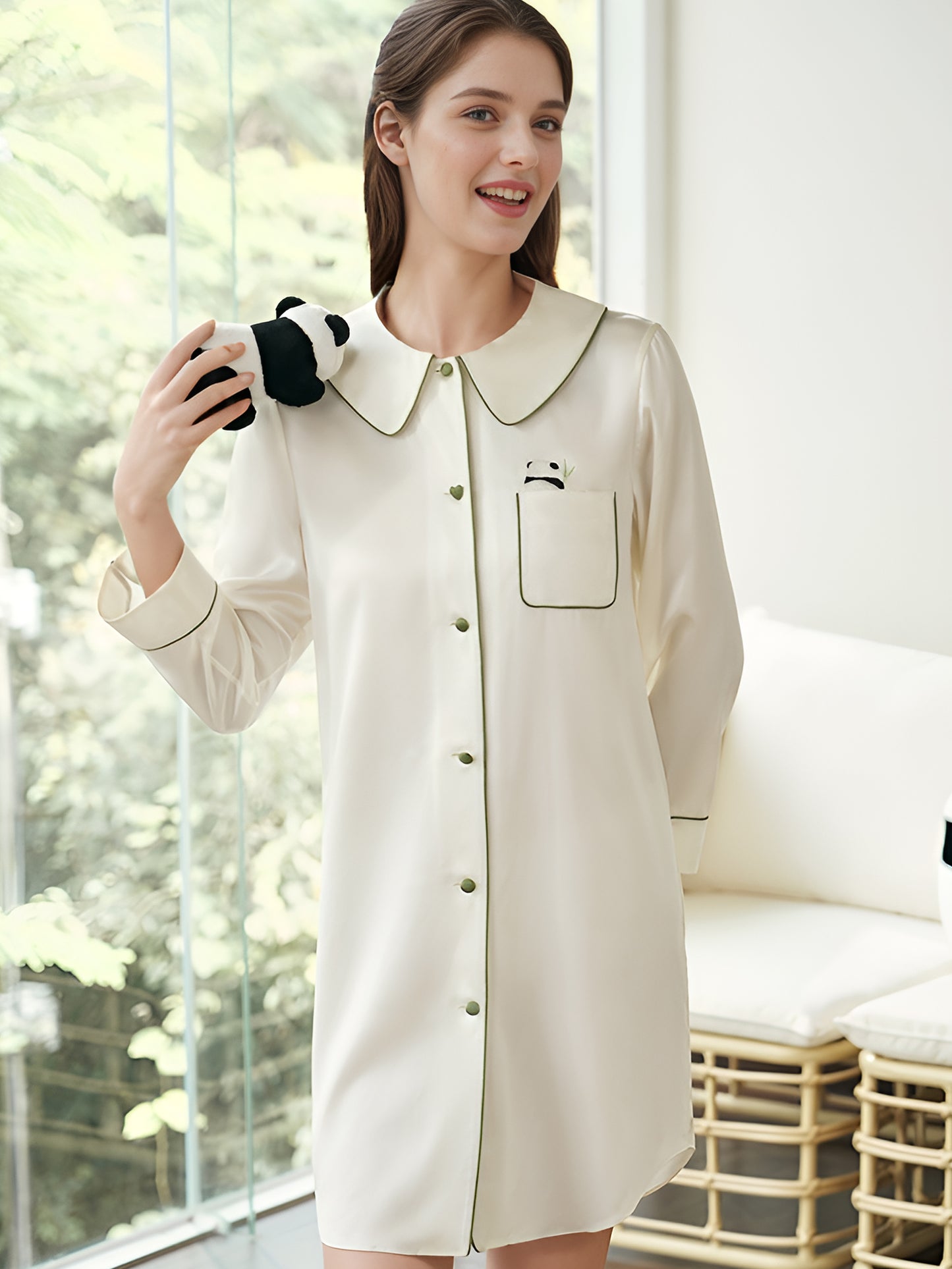 Couples' Heavy Weight Silk Panda Embroidery Night Dress & Pajamas Set