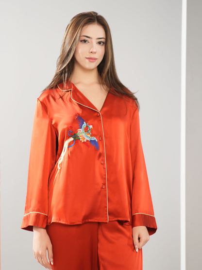 Phoenix Embroidery Silk Pajamas Set